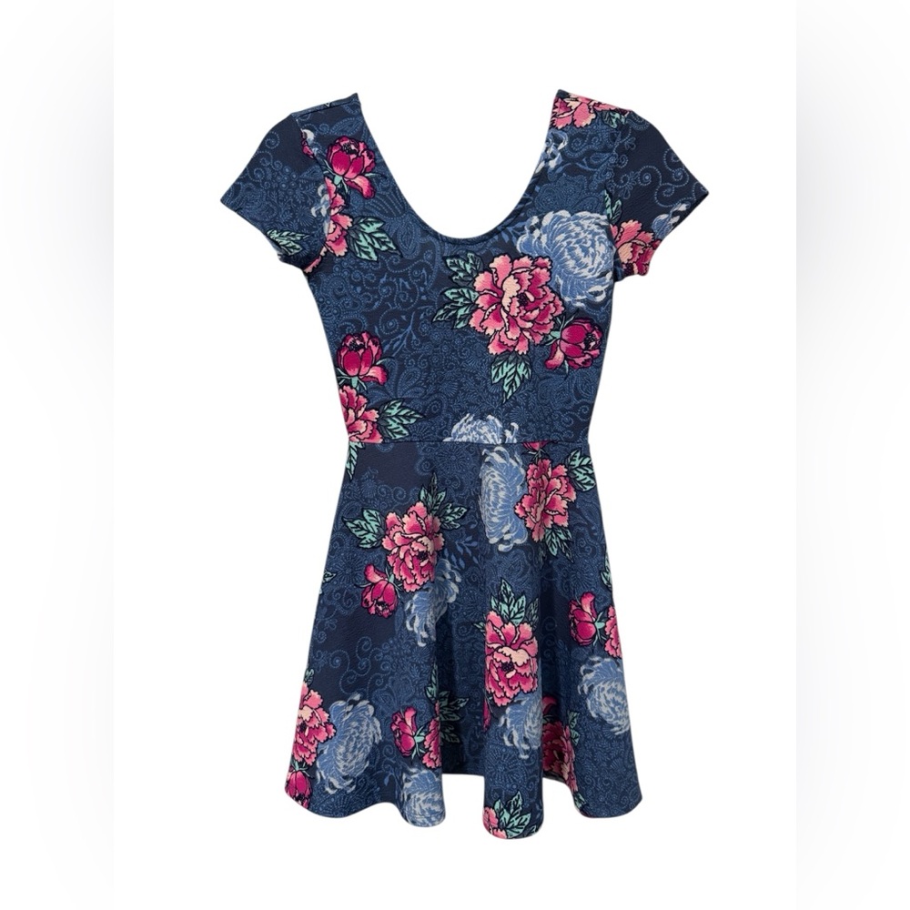 Planet Gold Floral Navy Fit & Flare Short Sleeve Dress (Size S)